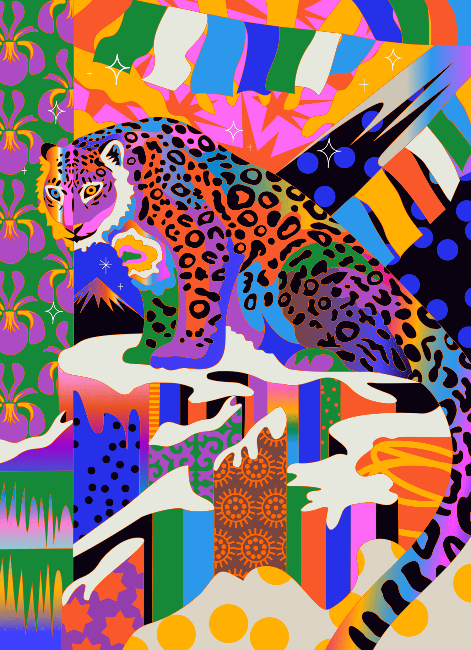 PARDICOLOR artwork — a vivid, illustrated snow leopard amid Himalayan prayer flags and pattern