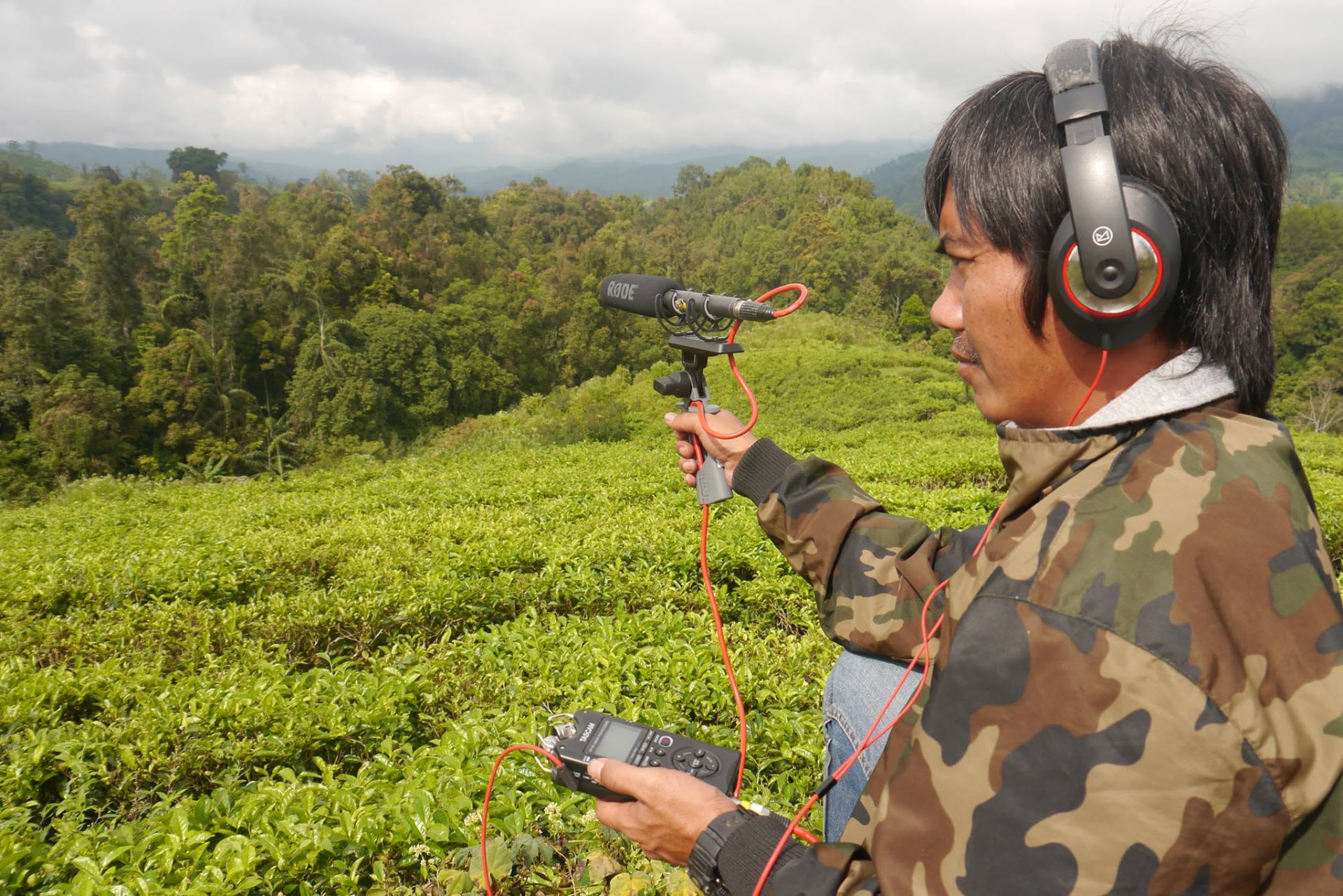 Field researcher wearing headphones recording gibbon calls above forested hills